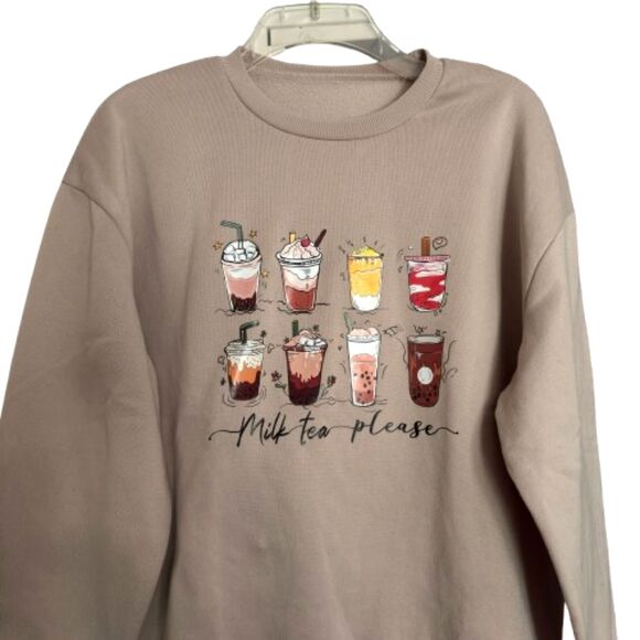 Milk Tea Please Crewneck Taupe Woman's Size L Sweatshirt - Picture 3 of 5
